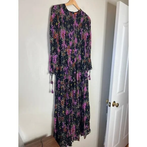 NEW Oliphant Smocked Top Long Sleeve Maxi Dress Suzani Navy Size: XS